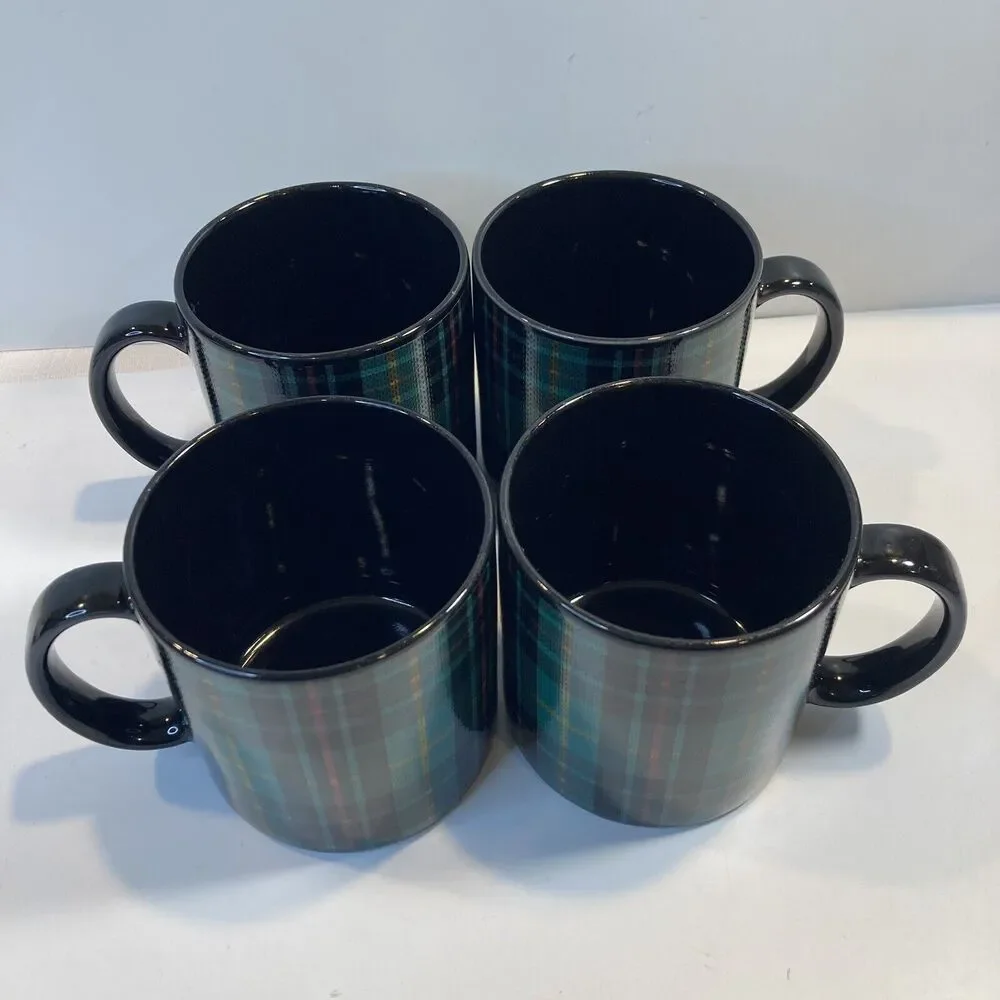 4 Pier 1 Mugs Tartan Plaid Green Black EUC Coffee Tea Mug Stoneware Japan 12oz